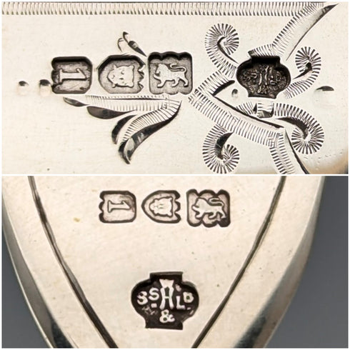 1906年 英国アンティーク 彫刻白蝶貝ハンドル 純銀ブレード デザートカトラリー6ペア  William Hutton 木箱入り